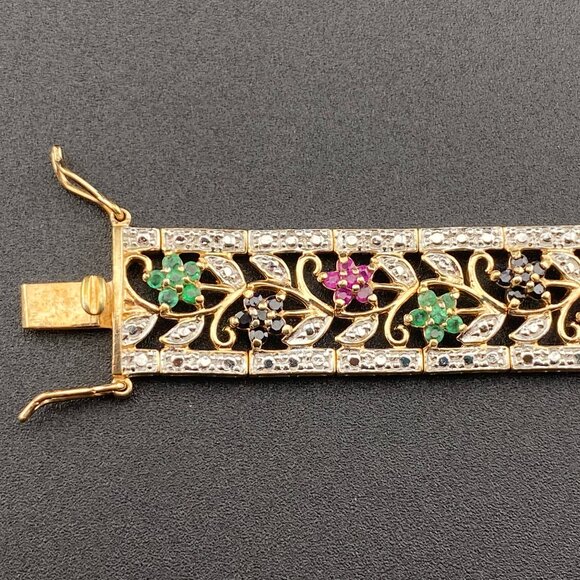 Wheeler Manuf. Sterling Silver Gold Vermeil Ruby Emerald Sapphire 7" Bracelet - Picture 3 of 16